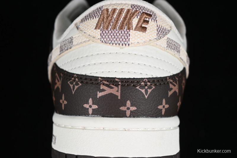 Nike SB Dunk Low LV Collaboration - Checkerboard Brown White Swoosh Anniversary High-End Custom Low-Top Casual Sneakers - SJ2068-253