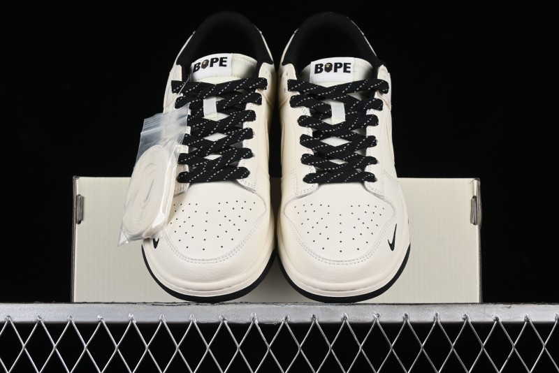 Nike SB Dunk Low BAPE Collaboration - Off-White Black Swoosh Anniversary Custom Low-Top Casual Skate Shoes - XD6188-037