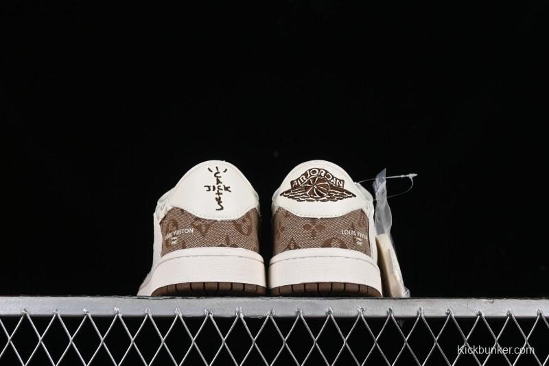 Nike Travis Scott x Fragment Design x Jordan Air Jordan 1 Low OG SP AJ1 LV Light Brown Print Casual Sneakers - SJ2068-102