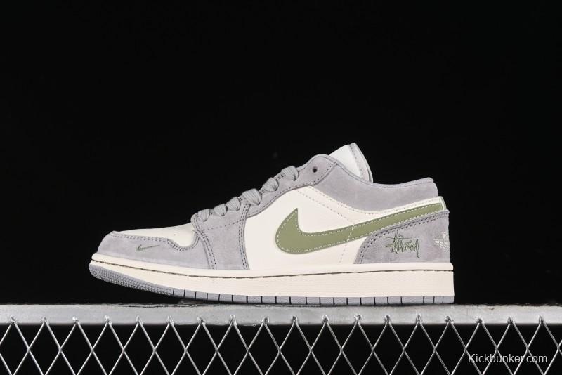 Nike Air Jordan 1 Low Stussy Collaboration - Light Green Elegant Grey Retro Basketball Shoes - WG8850-016