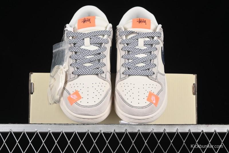 Nike SB Dunk Low Stussy Collaboration - Patchwork Grey White Dark Blue Swoosh Anniversary Custom Low-Top Casual Skate Shoes - MM1089-025