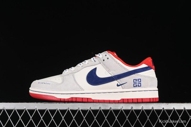 Nike SB Dunk Low Givenchy Collaboration - Gray Blue Red Double Swoosh Anniversary High-End Custom Low-Top Casual Sneakers - CF3688-033