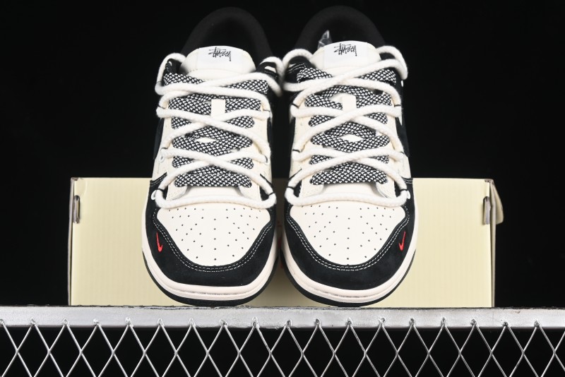 Nike SB Dunk Low Stussy Collaboration - White Embroidery Black Swoosh Anniversary Custom Low-Top Casual Sneakers - SJ2068-311