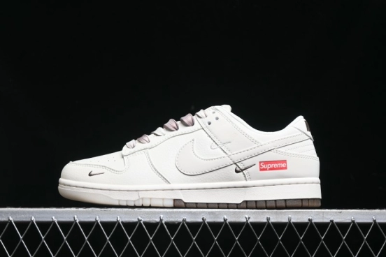 Nike SB Dunk Low Supreme Collaboration - White Brown Split Swoosh Anniversary High-End Custom Low-Top Casual Skate Shoes - BB8675-113
