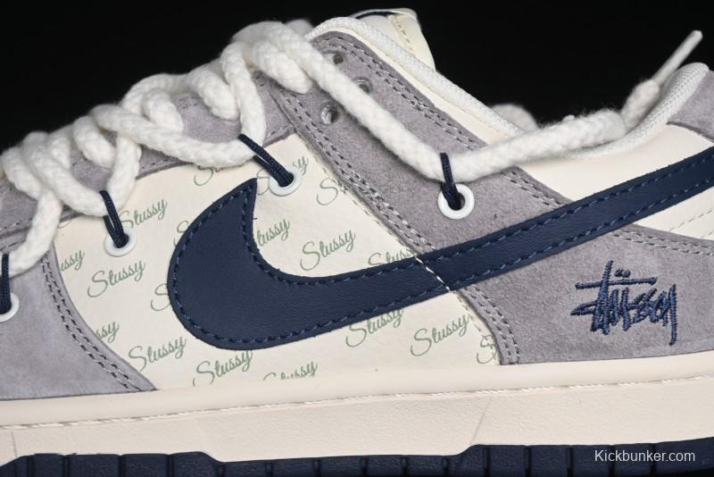 Nike SB Dunk Low Stussy Collaboration - Navy Blue Embroidery Swoosh Anniversary Custom Low-Top Casual Sneakers - SJ2068-296