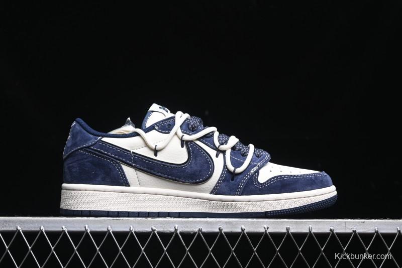 Nike Travis Scott x Fragment Design x Air Jordan 1 Low OG SP AJ1 Bape Collaboration - Klein Blue Lace-Up Low-Top Casual Sneakers - XS3186-201