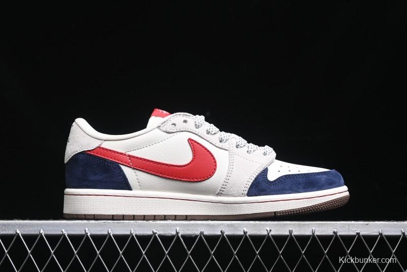Nike Travis Scott x Fragment Design x Air Jordan 1 Low OG SP AJ1 Retro Sneakers with Reverse Swoosh - SJ2068-135