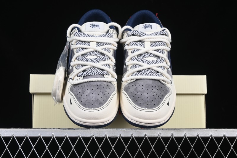 Nike SB Dunk Low Stussy Collaboration Anniversary Custom Low-Top Casual Sneakers with Strap in Beige Grey and Navy - YX5066-236
