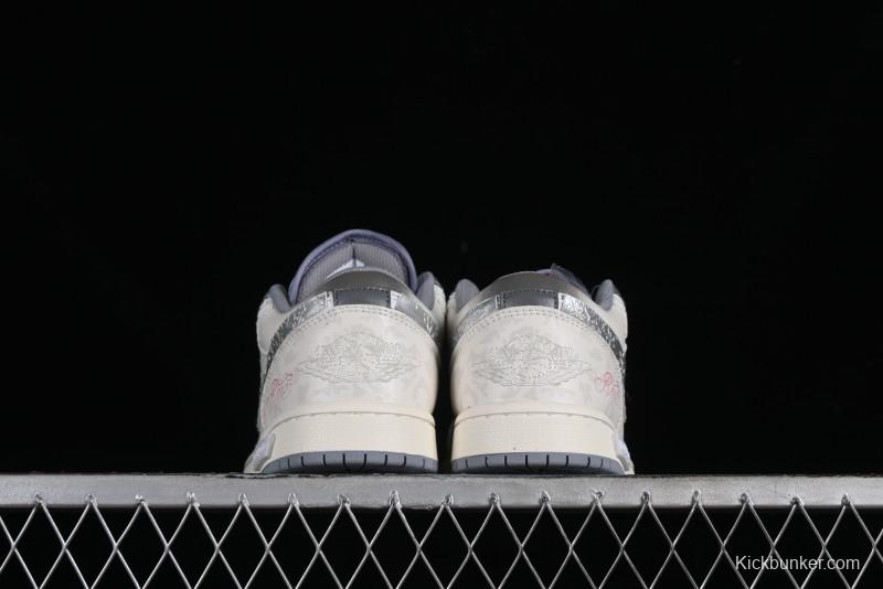 Nike Air Jordan 1 Low AJ1 Panda Prank Modern Gray Floral Low-Top Casual Sneakers - 553560-053
