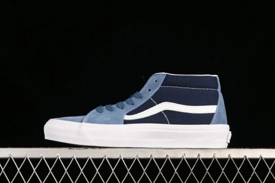 Vans Sk8-Mid Reissue 83 High-End Retro Skate Shoes with Blue Patchwork Suede - VN000CQQDWR
