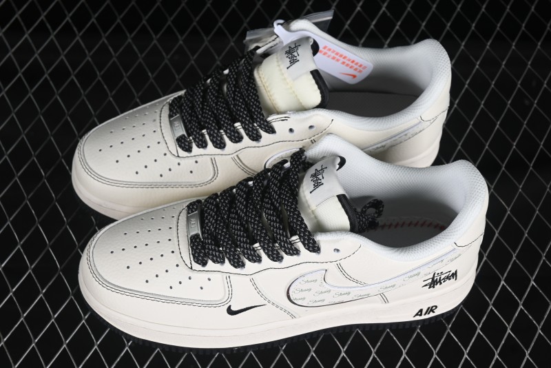 Nike Air Force 1 '07 Low Stussy Collaboration Beige Black Floral Swoosh Casual Sneakers - HH7518-040