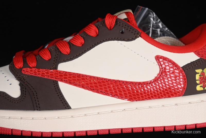 Nike Travis Scott x Fragment Design x Air Jordan 1 Low OG SP AJ1 Snake Year Limited Edition Snake Scale Red Hook Low Top Lifestyle Casual Sneakers - CH6336-020