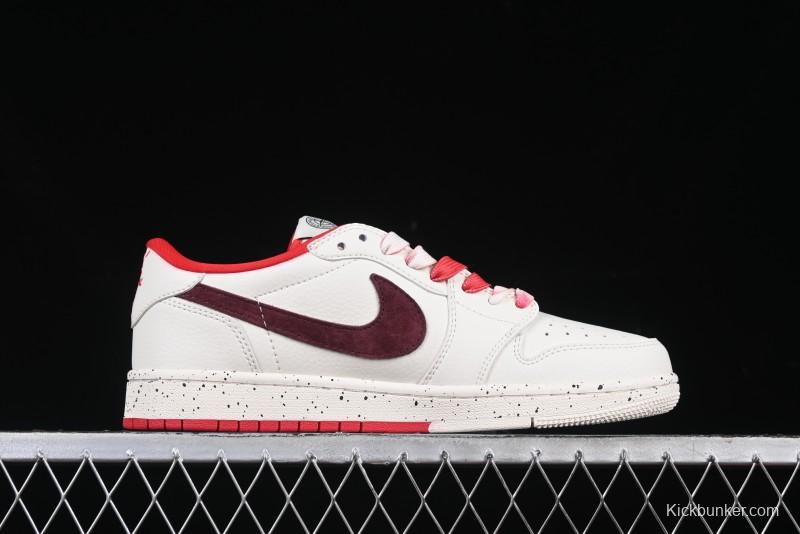 Nike Travis Scott x Fragment Design x Air Jordan 1 Low OG SP AJ1 Stone Island Collaboration Pomegranate Red Low-Top Casual Sneakers - CF3688-077