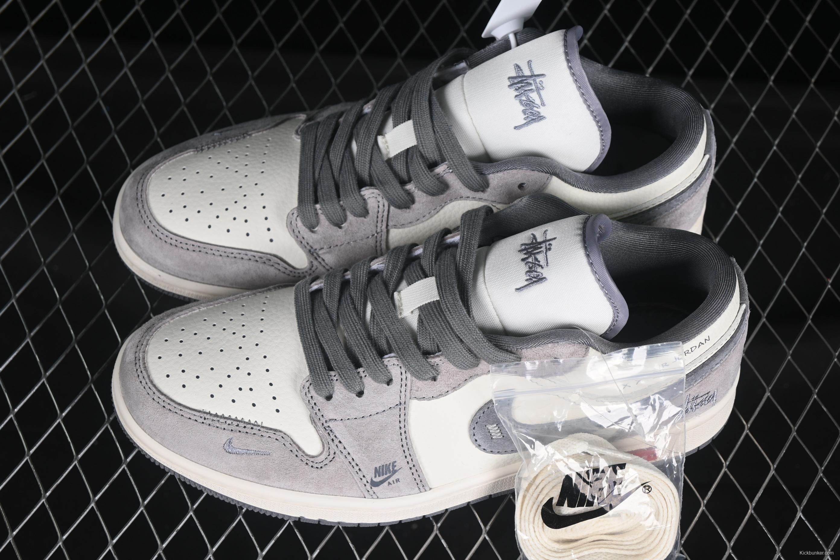 Nike Air Jordan 1 Low Stussy Collaboration Retro Basketball Shoes with Metallic Logo - SJ9950-053