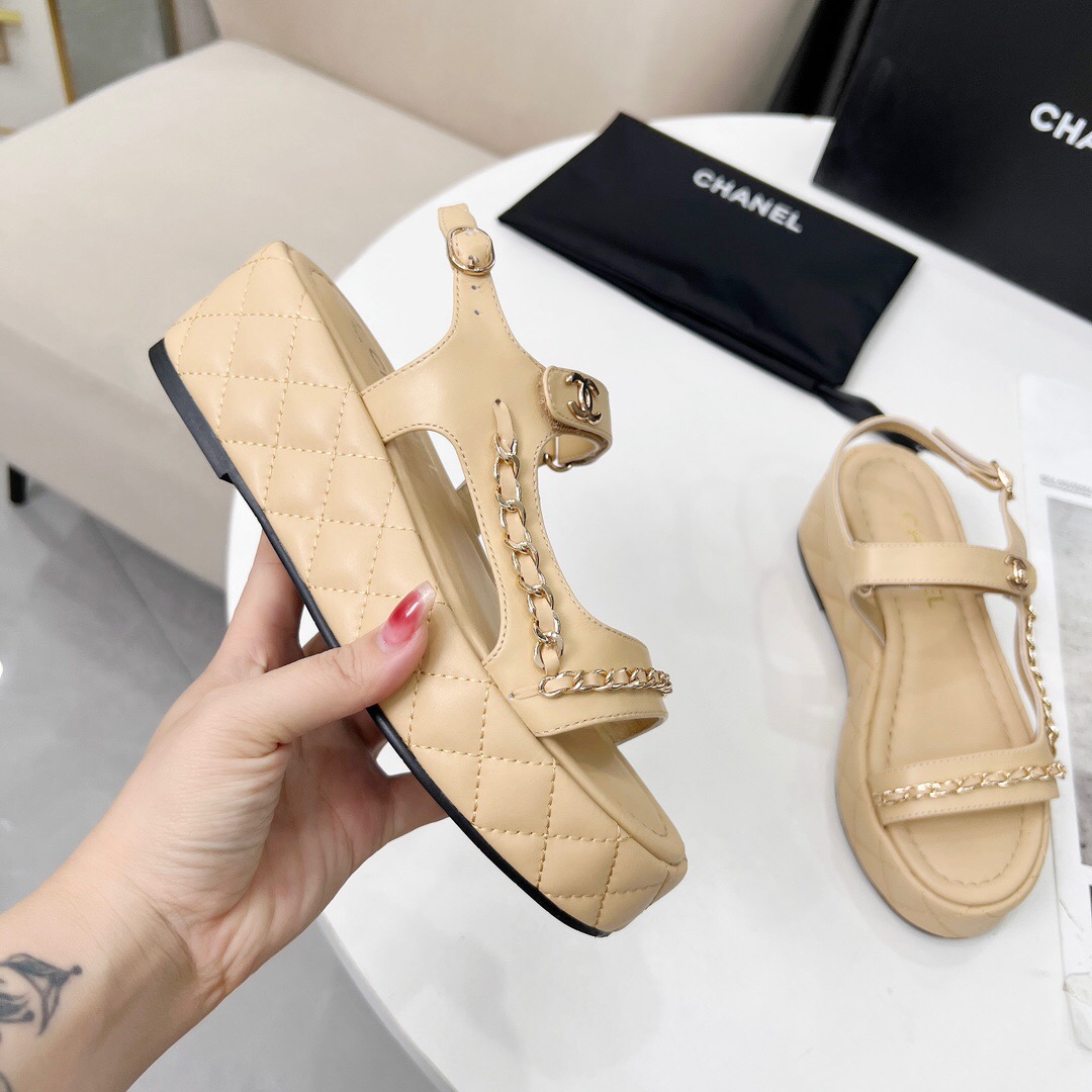 2025 Women Chanel Beige Leather Sandals LY00260