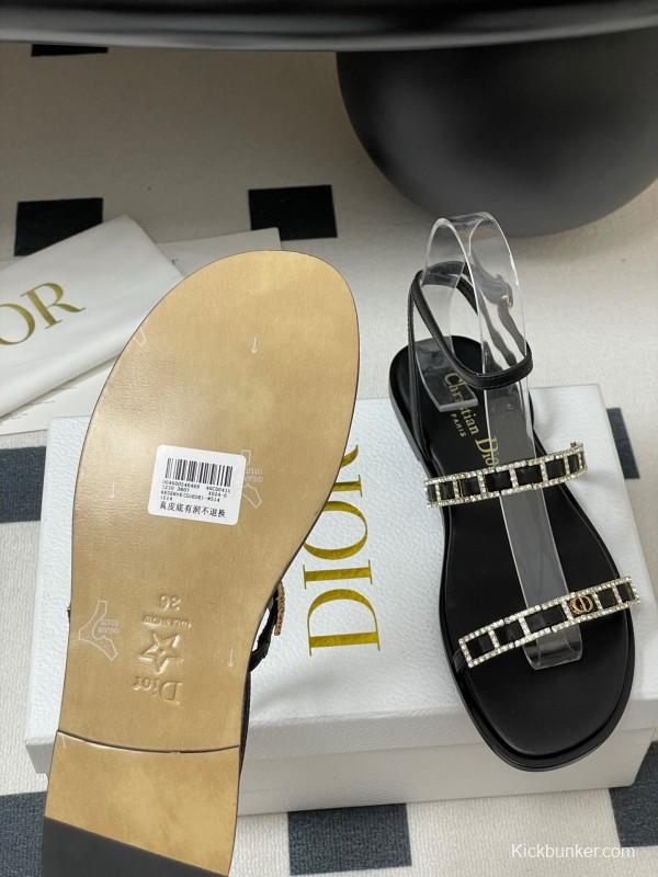 2025 Women Dior Black Crystal Embellished Leather Flat Sandals