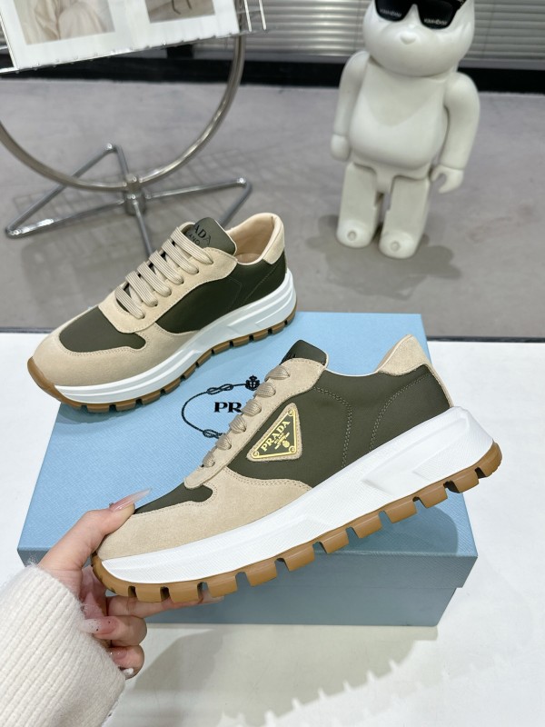 2025 Women Prada Beige Green Nubuck Leather Sneakers KFY00310