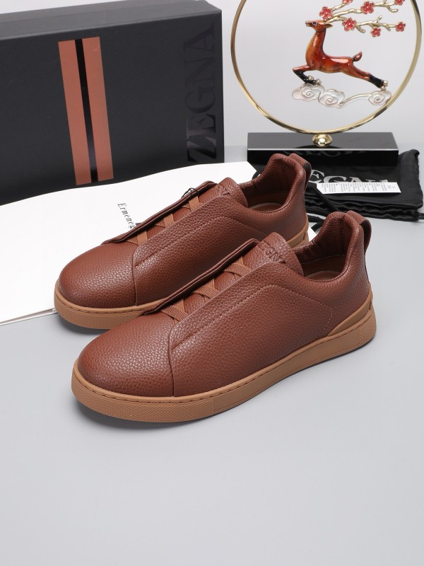 2024 Men Ermenegildo Zegna Brown Leather Low Top Sneakers MJ00240