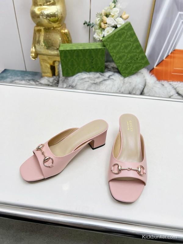 2025 Women Gucci Pink Leather Block Heel Mules MJ00180