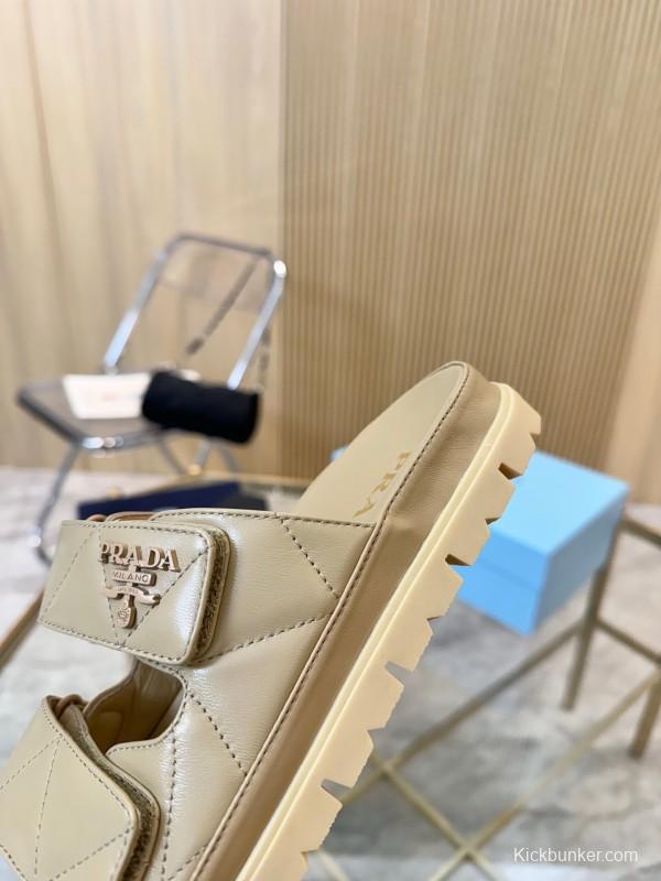 2025 Women Prada Beige Leather Sandals LY00270