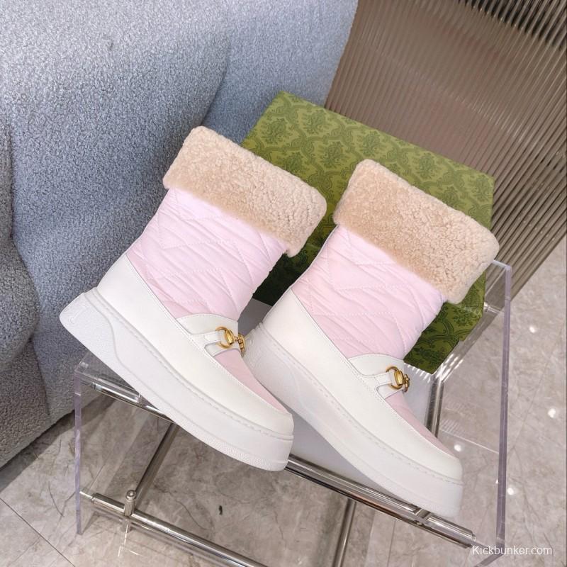2024 Women Gucci Pink White Leather Shearling Snow Boots