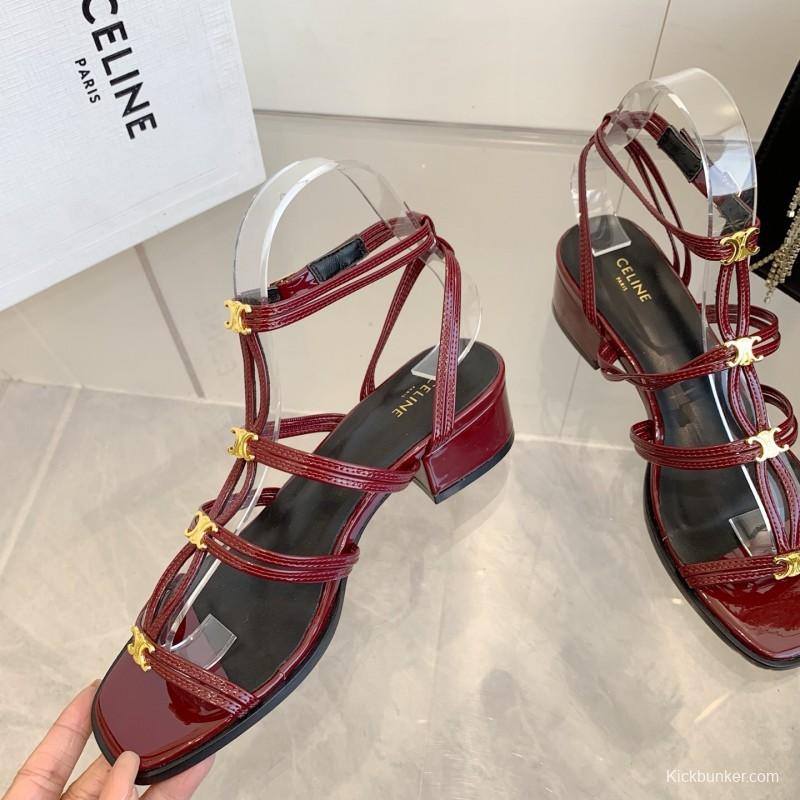 2025 Women Celine Burgundy Patent Leather Sandals KFY00300