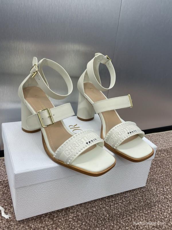 2025 Women Dior White Calfskin Silk Embroidery Sandals KFY00320