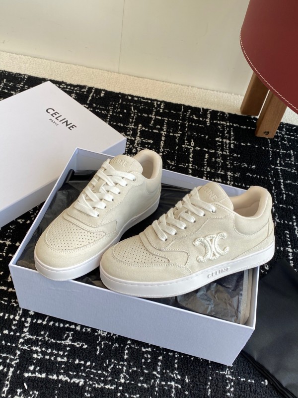 2025 Women Celine Beige Canvas Sneakers CELINE Embroidered Logo