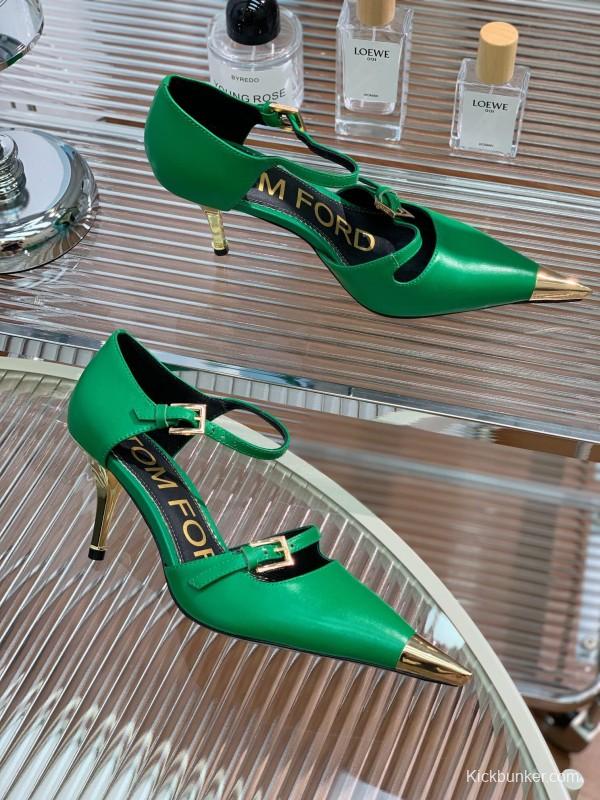 2025 Women TOM FORD Green Gold Leather Pointed Toe Mary Jane KFY00320