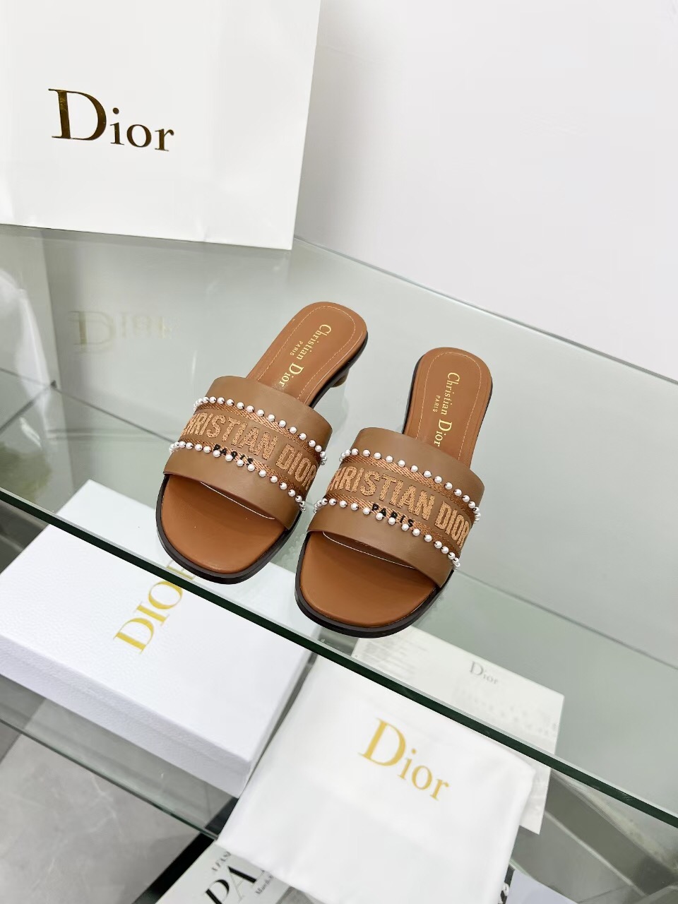2025 Women Dior Brown Leather Mule Beaded LY00210