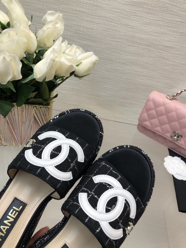 2025 Women Chanel Black Fabric Wedge Platform Slippers LY00320