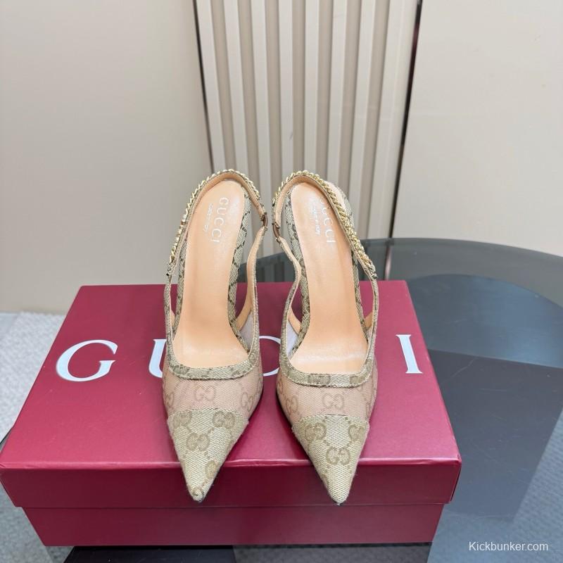 2025 Women Gucci Beige Mesh Fabric High Heel Pumps With Gold Chain Detailing KFY00300(F)