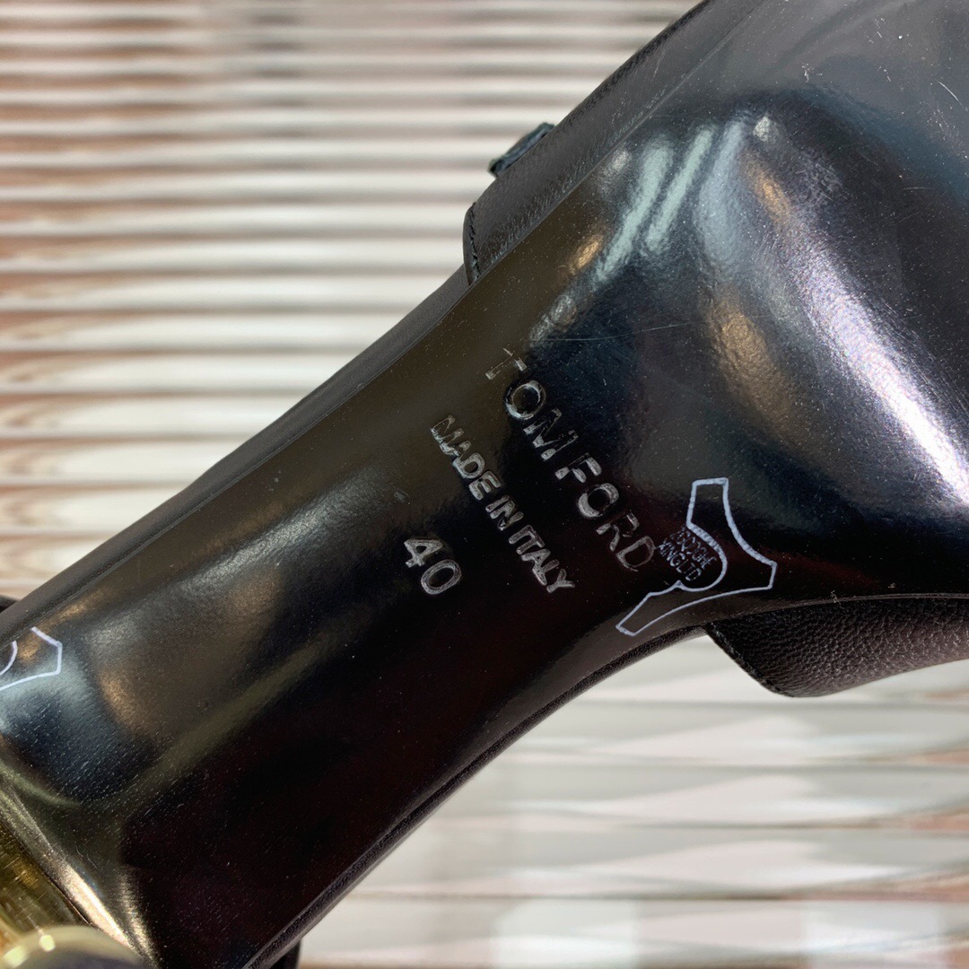 2025 Women TOM FORD Black Gold Leather Heels Metal Toe KFY00320