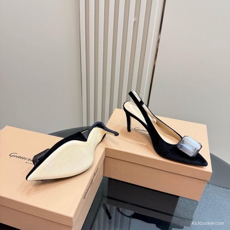 2025 Women Gianvito Rossi Black Velvet Slingback Heels Gemstone Decoration KFY00300