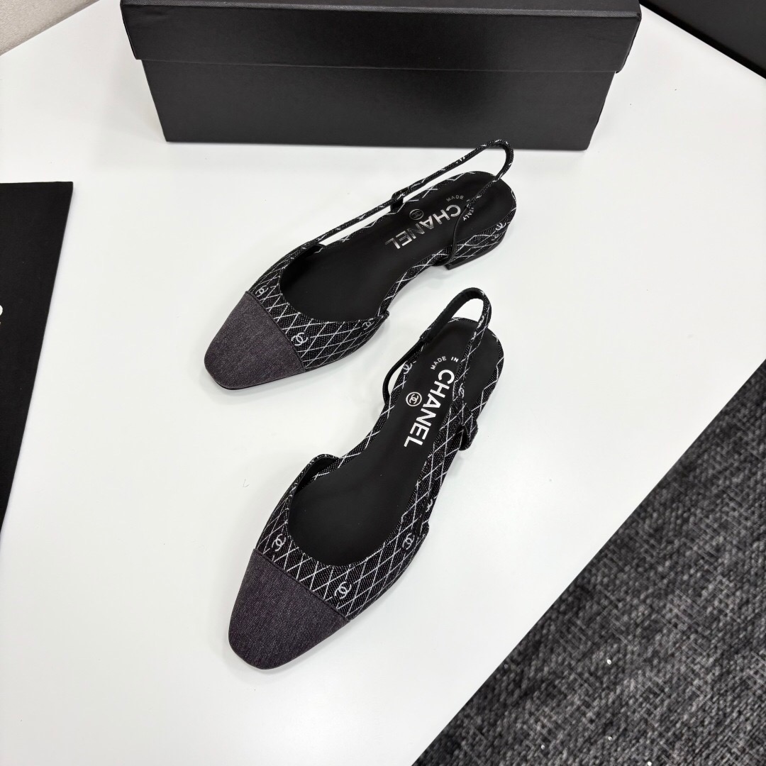 2025 Women Chanel Black White Fabric Leather Slingback LY00240