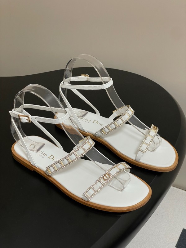 2025 Women Dior White Leather Flat Sandals Crystal Embellishment