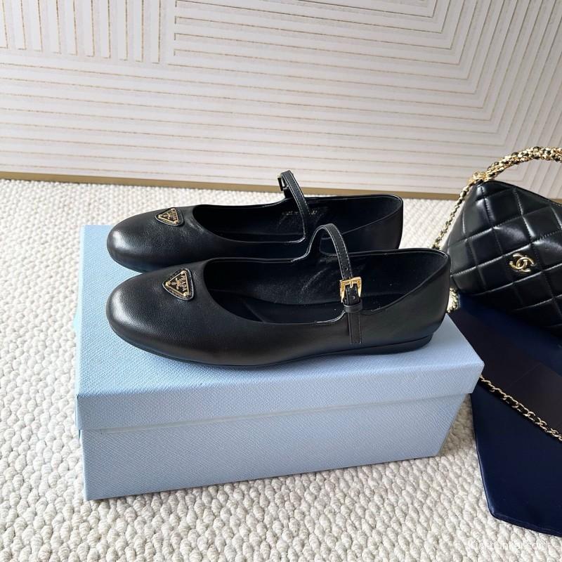 2025 Women Prada Black Leather Mary Jane Flat