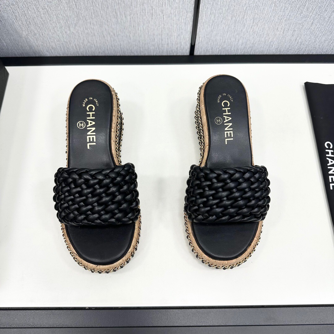 2025 Women Chanel Black Leather Woven Platform Sandals