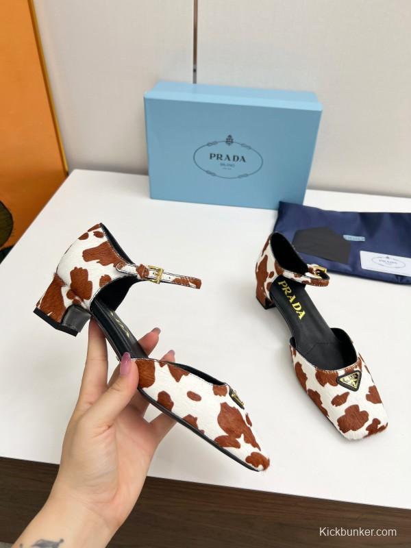 2025 Women Prada Brown White Calf Hair Strap Heels LY00270