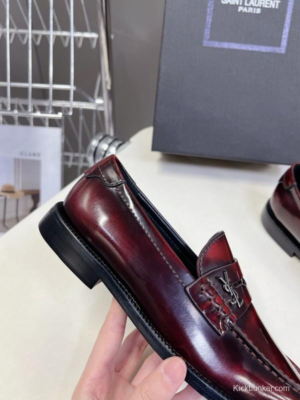 2025 Women Yves Saint Laurent Burgundy Calf Leather Loafers KFY00350