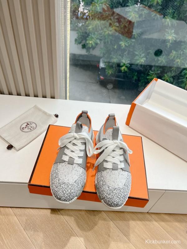 2024 Unisex Hermès Gray White Orange Calfskin Suede Sneakers MJ00290