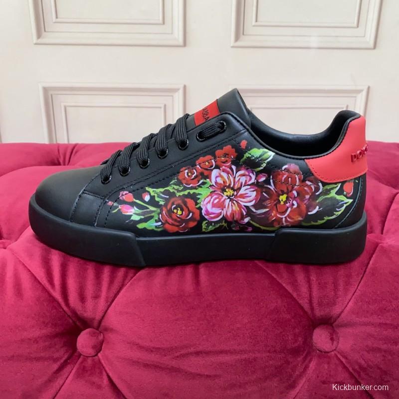 2025 Women Dolce & Gabbana Black Red Leather Sneakers Floral LY00300
