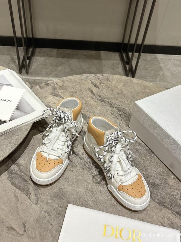 2025 Women Dior White Beige Leather Mesh High Top Sneakers