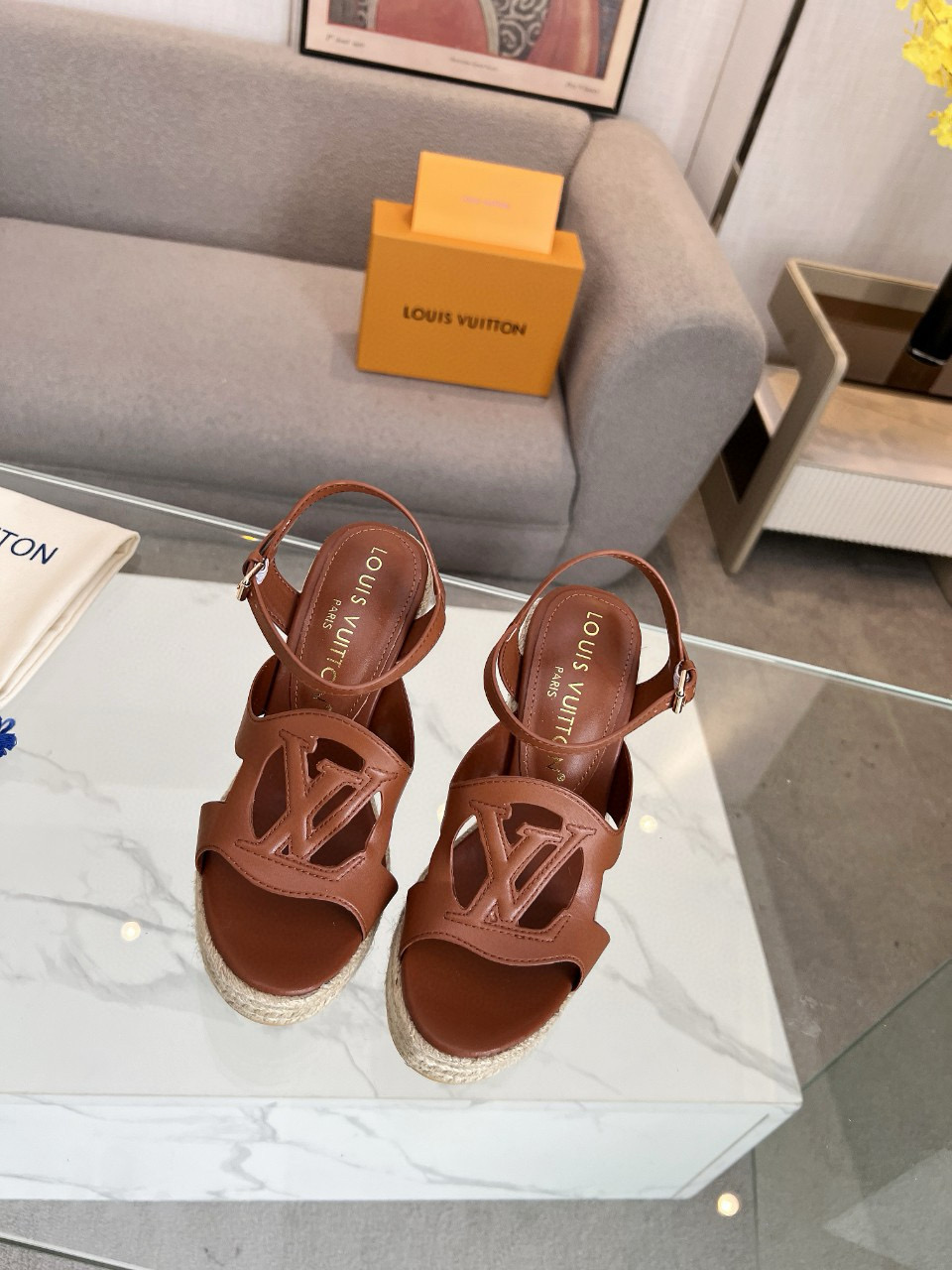 2025 Women Louis Vuitton Brown Leather Espadrilles Sandals MJ00280