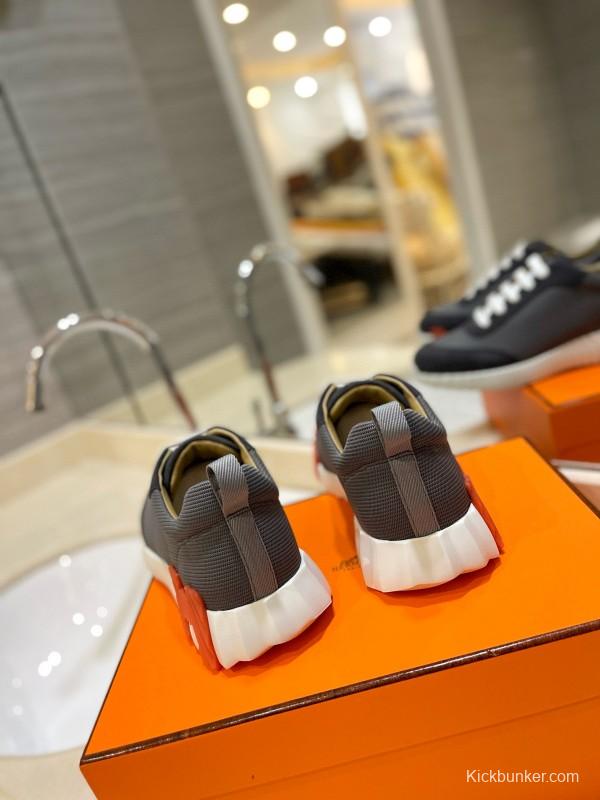 2024 Unisex Hermès Black Gray Imported Calfskin Rainproof Fabric Sneakers MJ00320