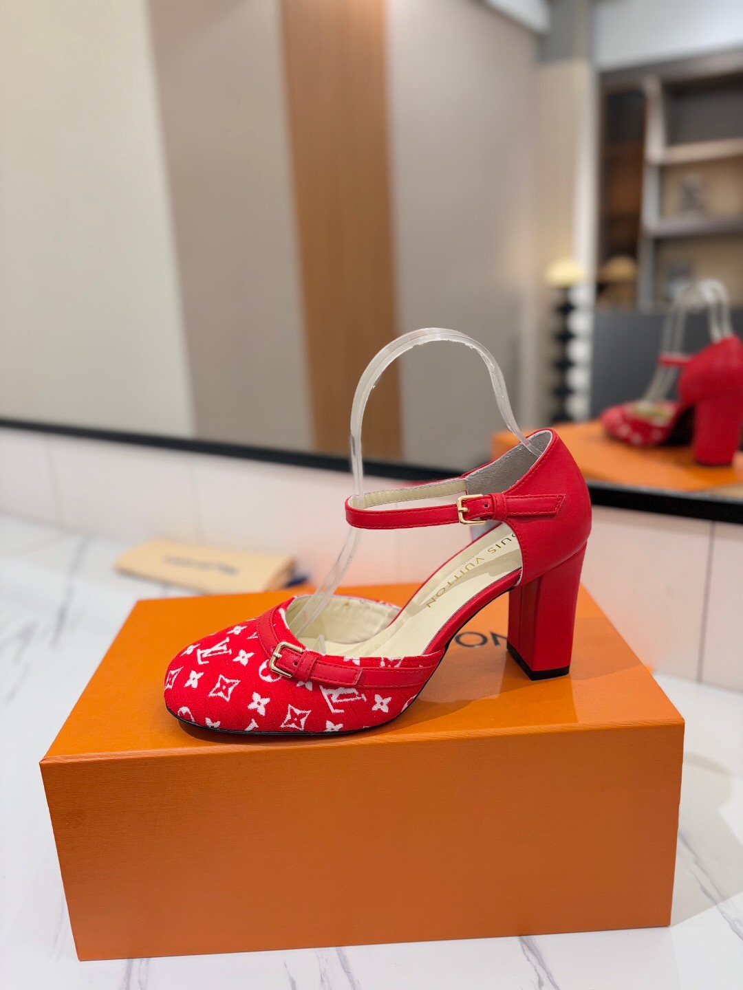 2025 Women Louis Vuitton Red Canvas Leather Heels KFY00310