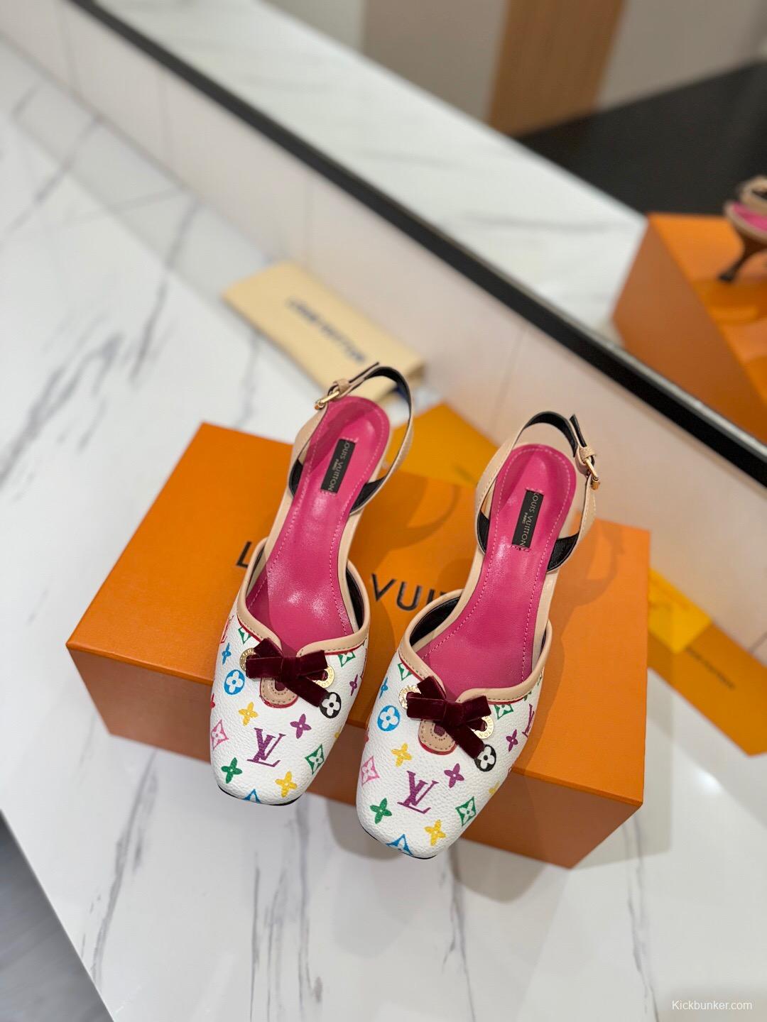2025 Women Louis Vuitton White Multicolor Canvas Slingback Heels KFY00310