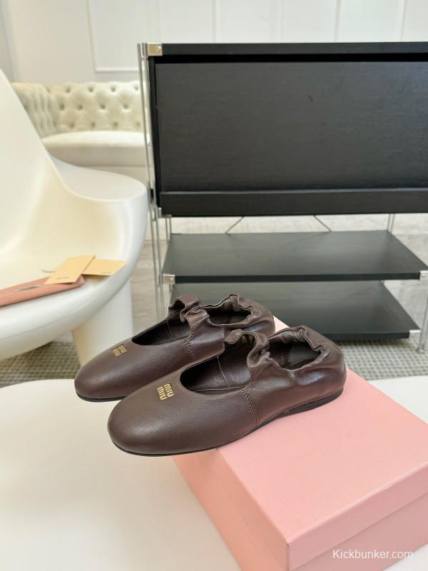 2025 Women Miu Miu Brown Leather Ballet Flats