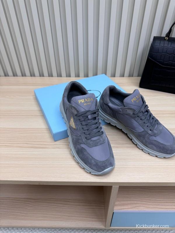 2025 Women Prada Grey Suede Leather Sneakers LY00300