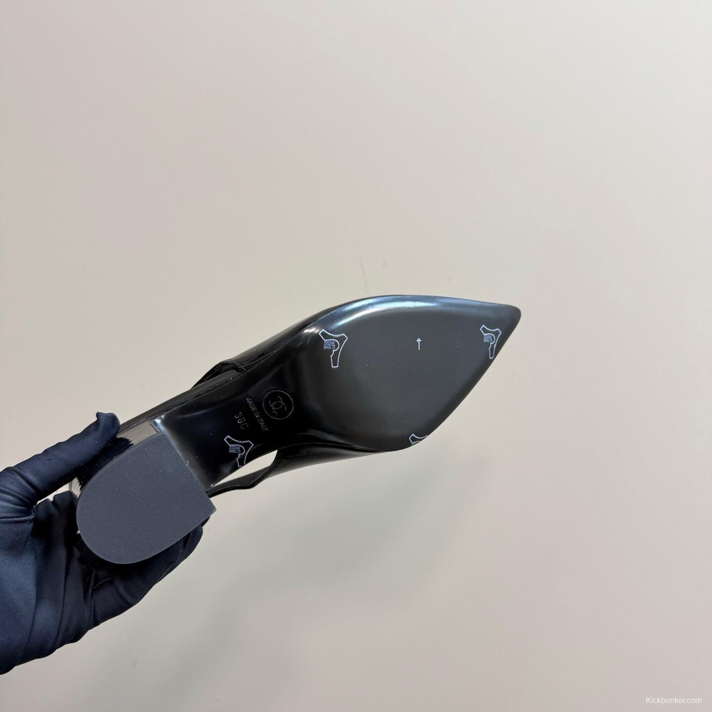 2025 Women Chanel Black Patent Leather Slingback Pumps